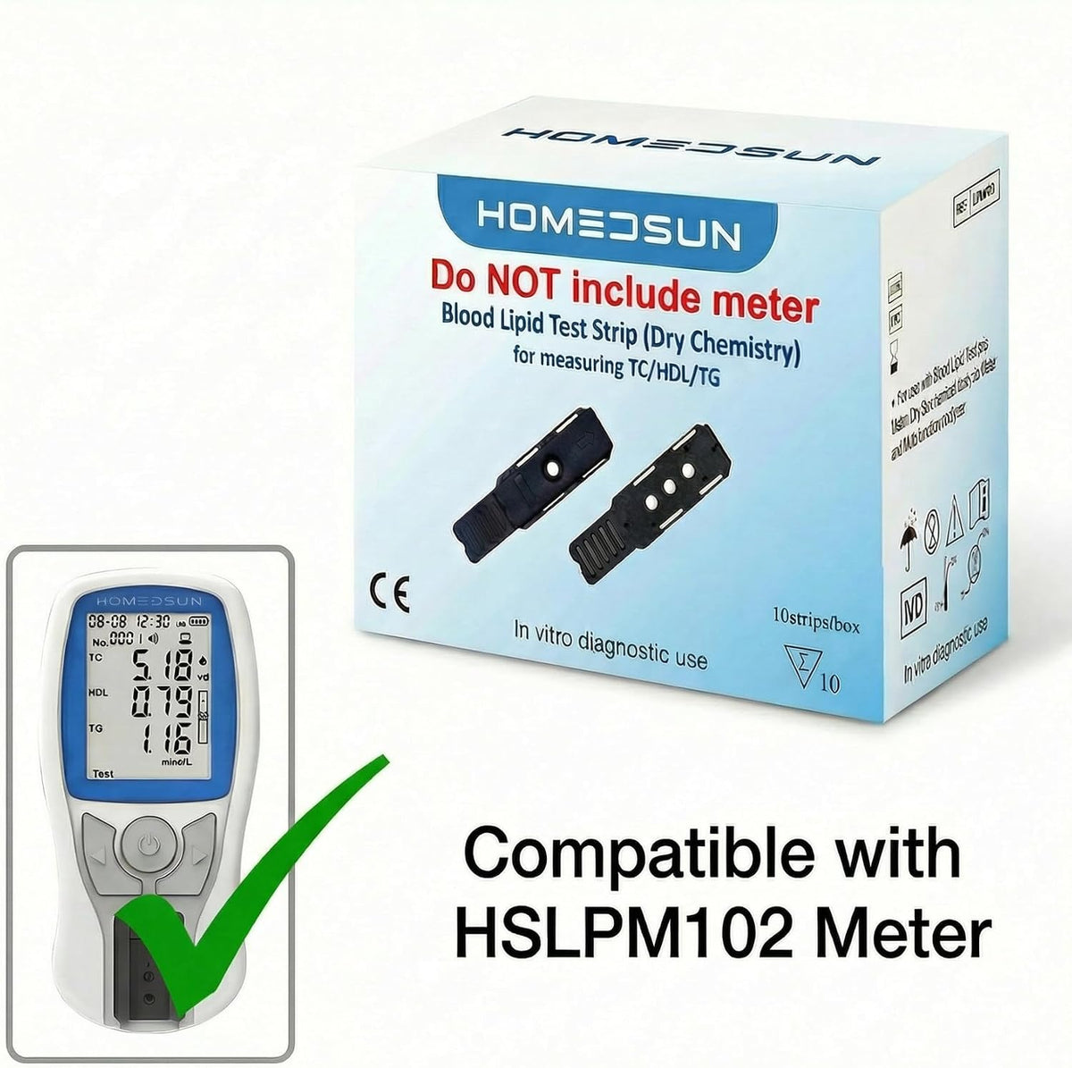 10 Cholesterol Strips for HSLPM102 Meter, Analyzer Not Included | Capillary blood 4-in-1 lipid panel refills with individual lancets and droppers for home wellness tracking