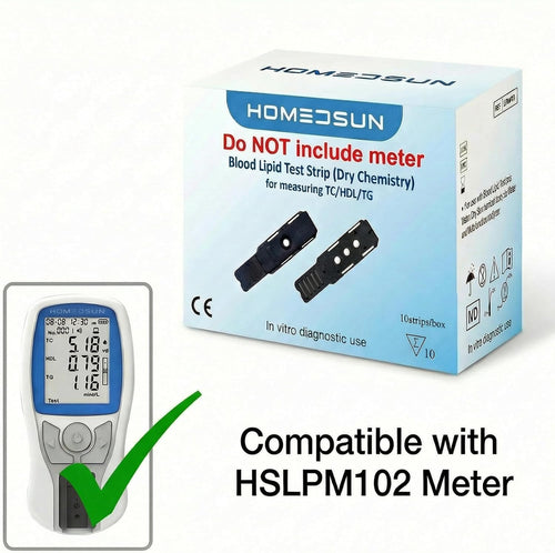 10 Cholesterol Strips for HSLPM102 Meter, Analyzer Not Included | Capillary blood 4-in-1 lipid panel refills with individual lancets and droppers for home wellness tracking
