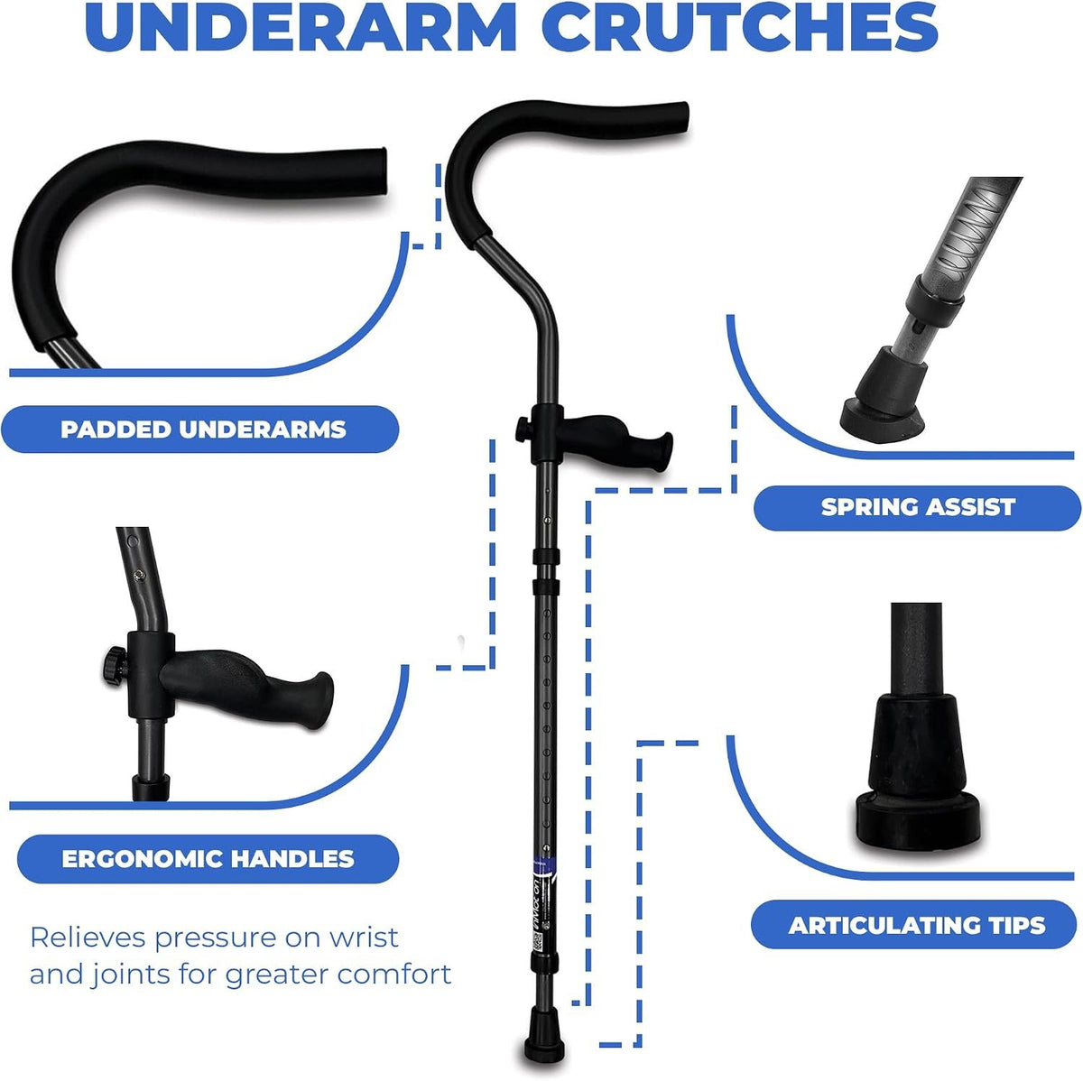 in-Motion Pro Underarm Crutches for Adults, Spring Assist, Foldable | Fits 4'8"-5'9". Foldable; spring-assist shock absorption; ergonomic grips; articulating tips; charcoal; lightweight