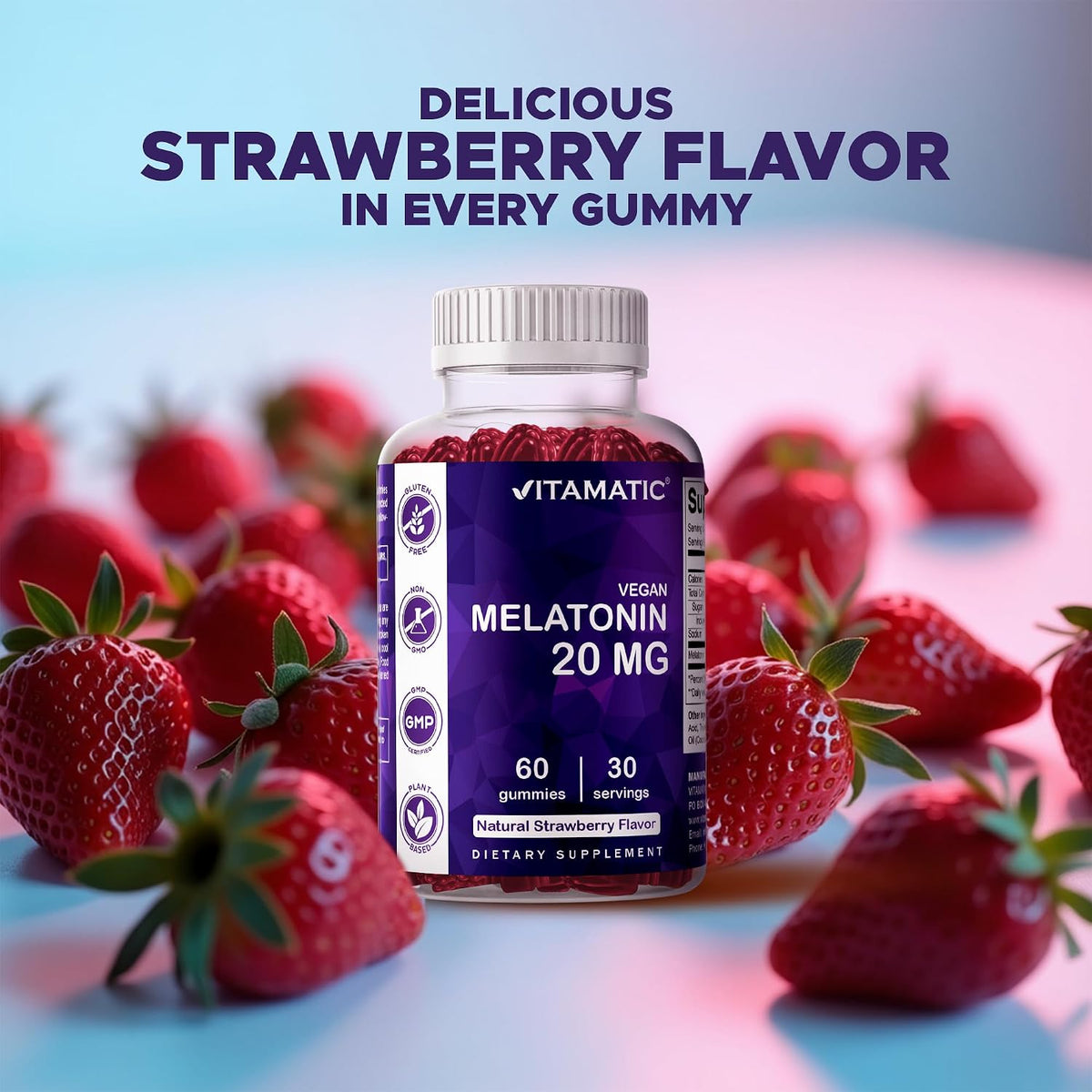 Vitamatic Melatonin 20 mg Gummies, Vegan, Strawberry, 60 Count