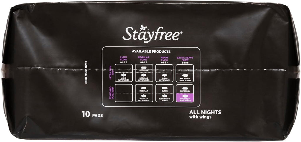 Stayfree All Nights Pads With Wings 10 Pack|Faster Absorption | Neutralises Odour|Cottony-Soft Quilted Cover| Keeps Dry and Comfortable