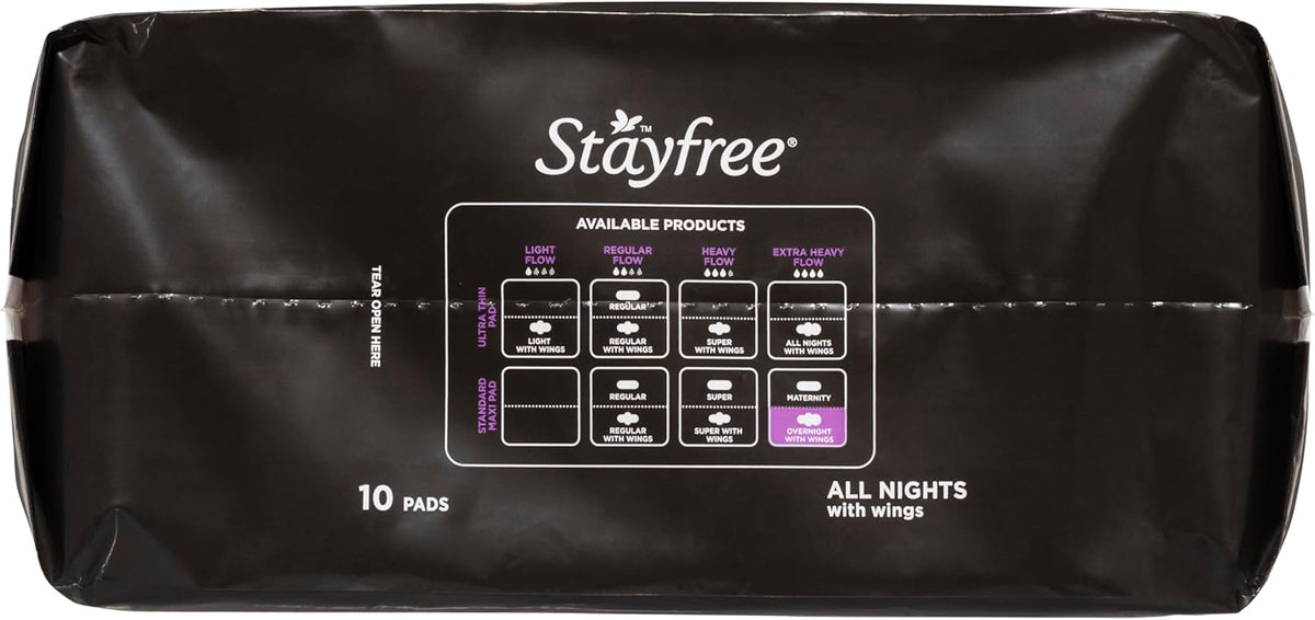 Stayfree All Nights Pads With Wings 10 Pack|Faster Absorption | Neutralises Odour|Cottony-Soft Quilted Cover| Keeps Dry and Comfortable