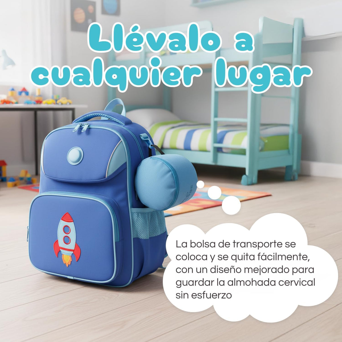Proglobe, Kids Ergonomic Memory Foam Neck Pillow for Travel Airplane Car Booster Seat Soft Washable Compact with Strap 4-13 Years Old Light Blue
