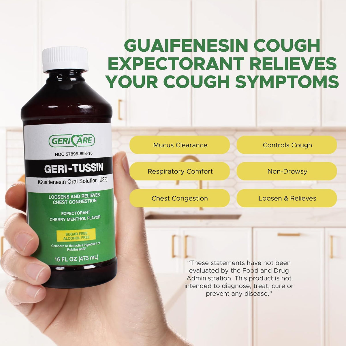GeriCare Geri-Tussin Guaifenesin Oral Liquid Solution, Sugar-Free, Alcohol-Free Cough and Cold Relief Syrup, Helps Clear Chest Congestion, 16 Ounce Bottle (Pack of 1)