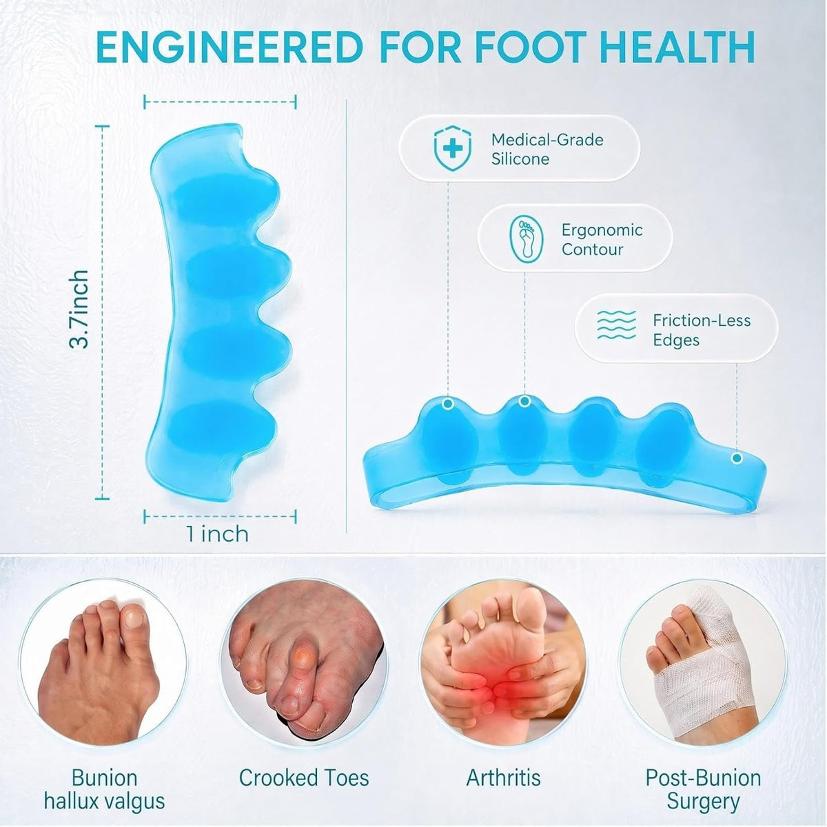 KTSAY Toe Spacers for Women & Men - Silicone Toe Separators for Bunion Relief, Hammer Toe, Plantar Fasciitis & Pedicures (2, Blue)