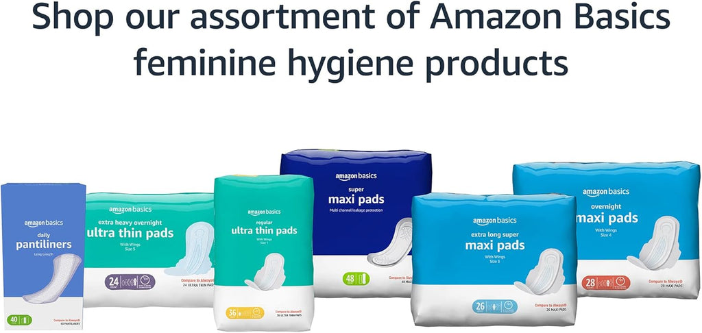 Amazon Basics Regular Absorbency Feminine Pads for Women, Ultra Thin with Flexi-Wings, Unscented, Size 1, Absorbent, 144 Count (4 Packs of 36) (Previously Solimo)