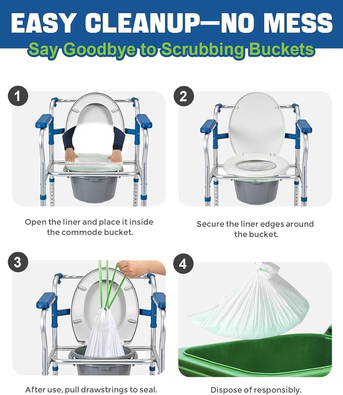 Charmount Bedside Commode Liners, Disposable Commode Bags with Drawstring, Leakproof Universal Fit Portable Toilet Chair Bucket & Bedpan Liners for Home & Camping Use-50 Pack