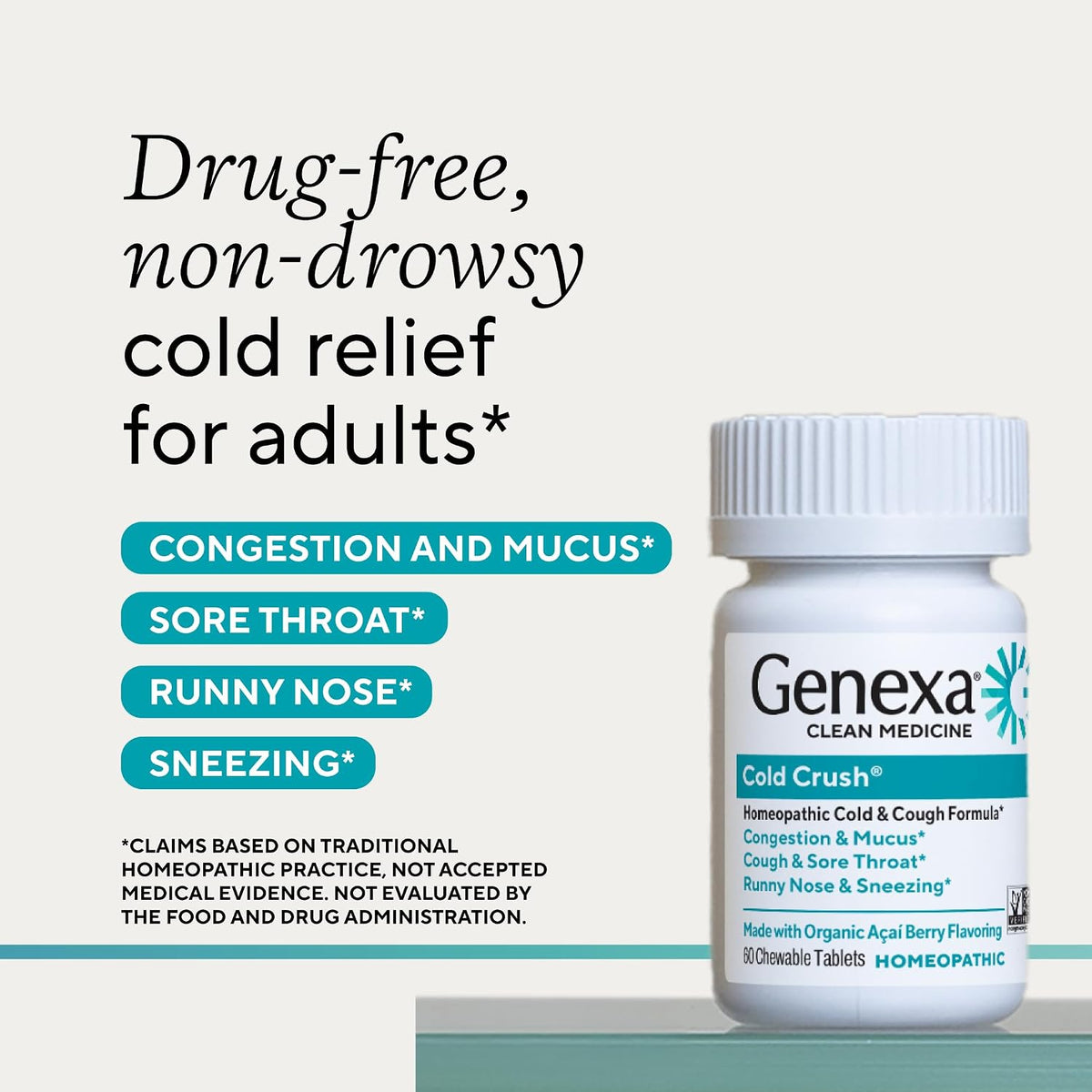 Genexa Cold Crush, Drug Free & Made Clean, 60 Chewable Tablets for Adults | Dye Free, 0% Artificial Additives, Non-GMO, Gluten Free, Homeopathic Cough, Cold, Sore Throat Relief, Acai Berry Flavor