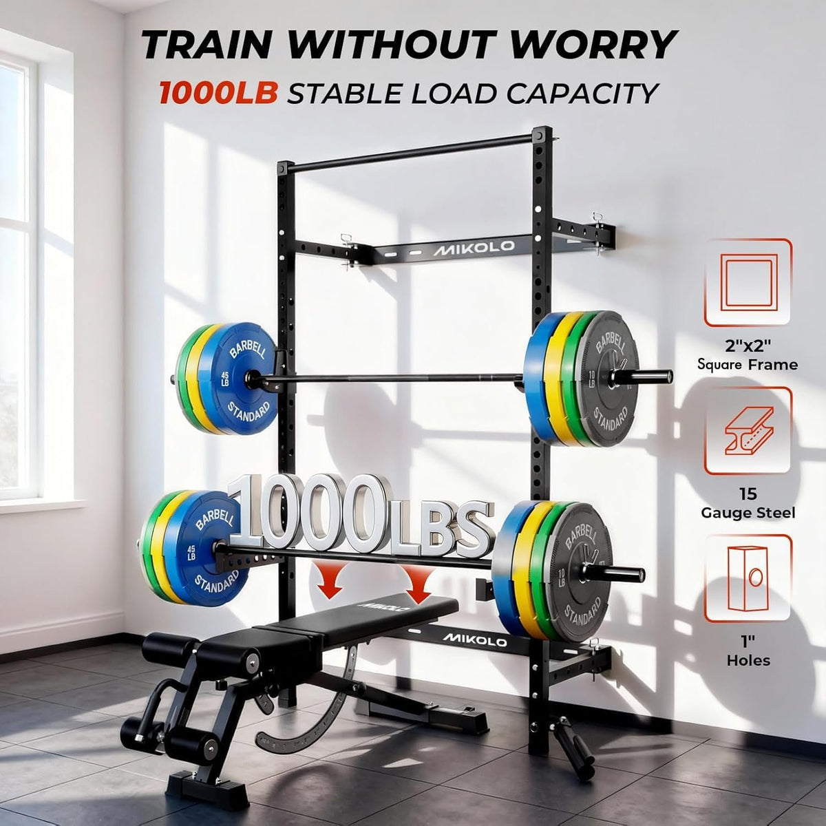 Mikolo 2" x 2" Folding Wall Mounted Squat Rack, 1000 Pounds Capacity Power Rack with Pull Up Bar, J Hooks and Other Attachments, Space-Saving Home Gym
