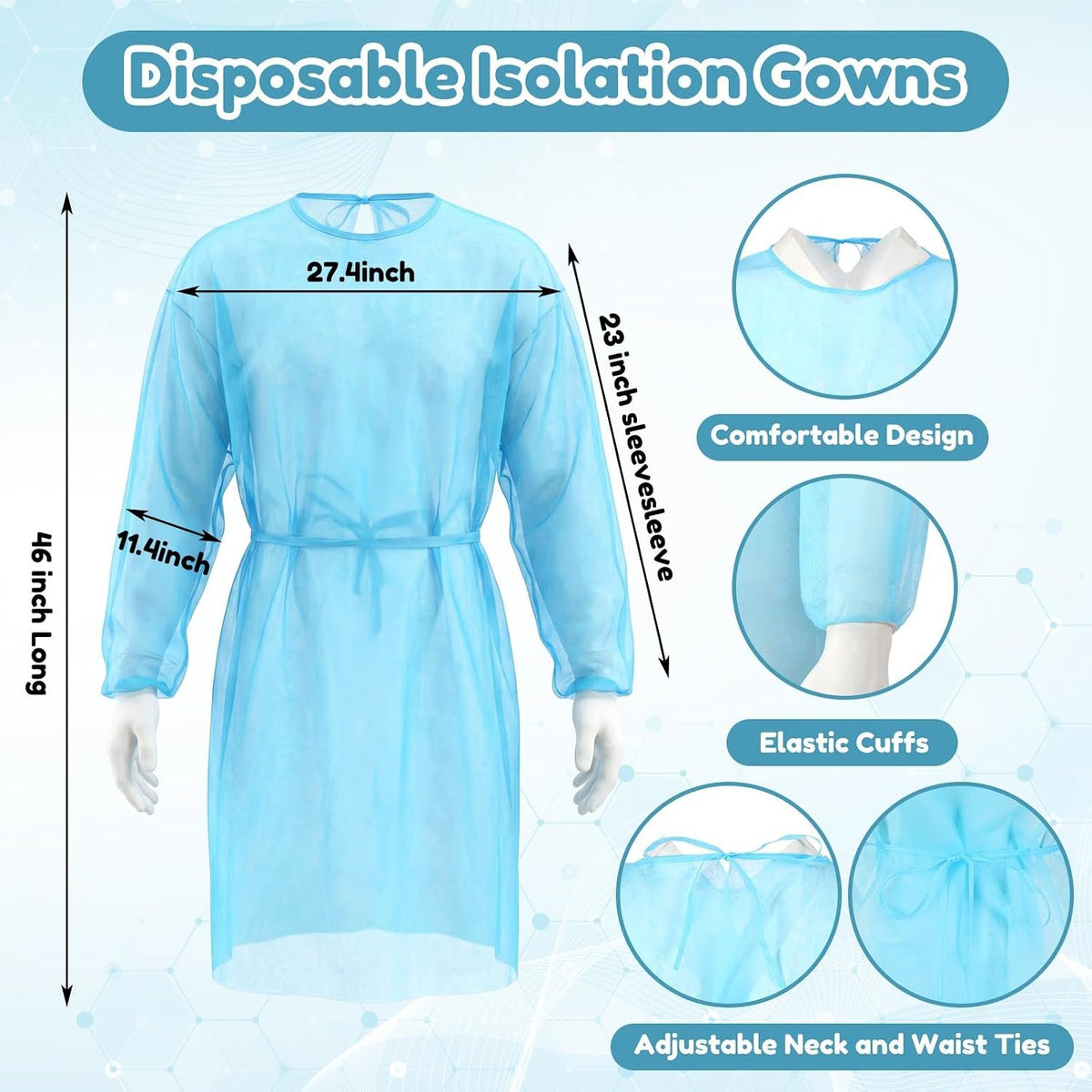 Xuhal 150 Pack Disposable Isolation Gowns PPE Gowns Disposable Bulk,Blue | Spunbonded Polypropylene, 46 in Length, Elastic Cuffs, Neck and Waist Ties, for Home Isolation, Labs, Dental, Beauty Agencies
