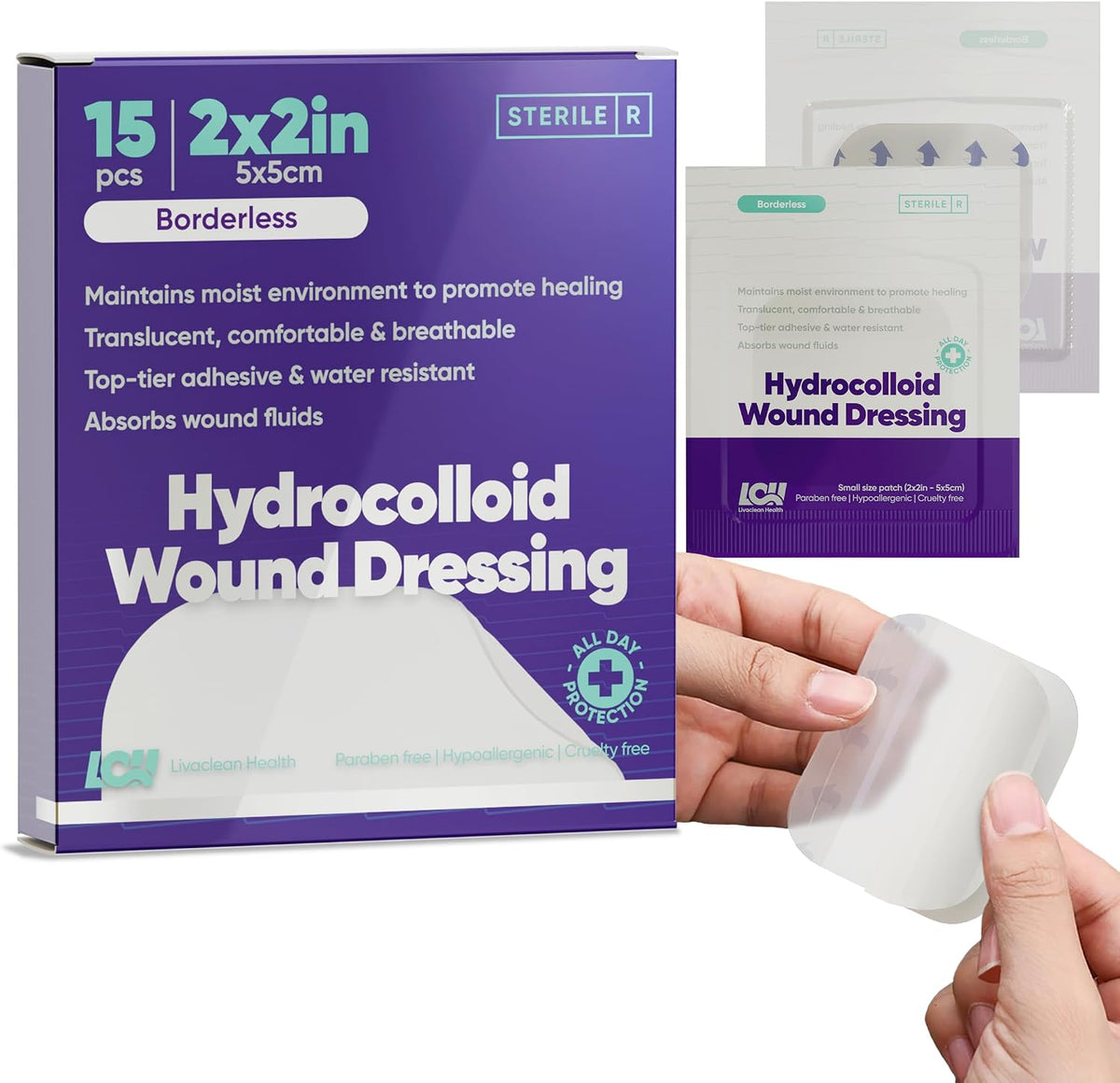 15 CT 2" x 2" Hydrocolloid Wound Dressing - Sterile Colloidal Bandages - Adhesive Hydrocolloid Bandages Small - Individually Packed Healing Patches for Wounds and Blisters by Livaclean Health