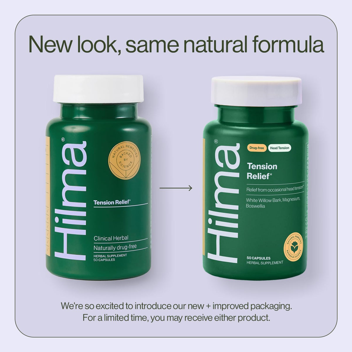 Hilma Natural Tension Relief, 50 Vegan Capsules | Occasional Head Discomfort and Stress Relief Supplement with Magnesium Glycinate, Willow Bark, Boswellia, and Feverfew