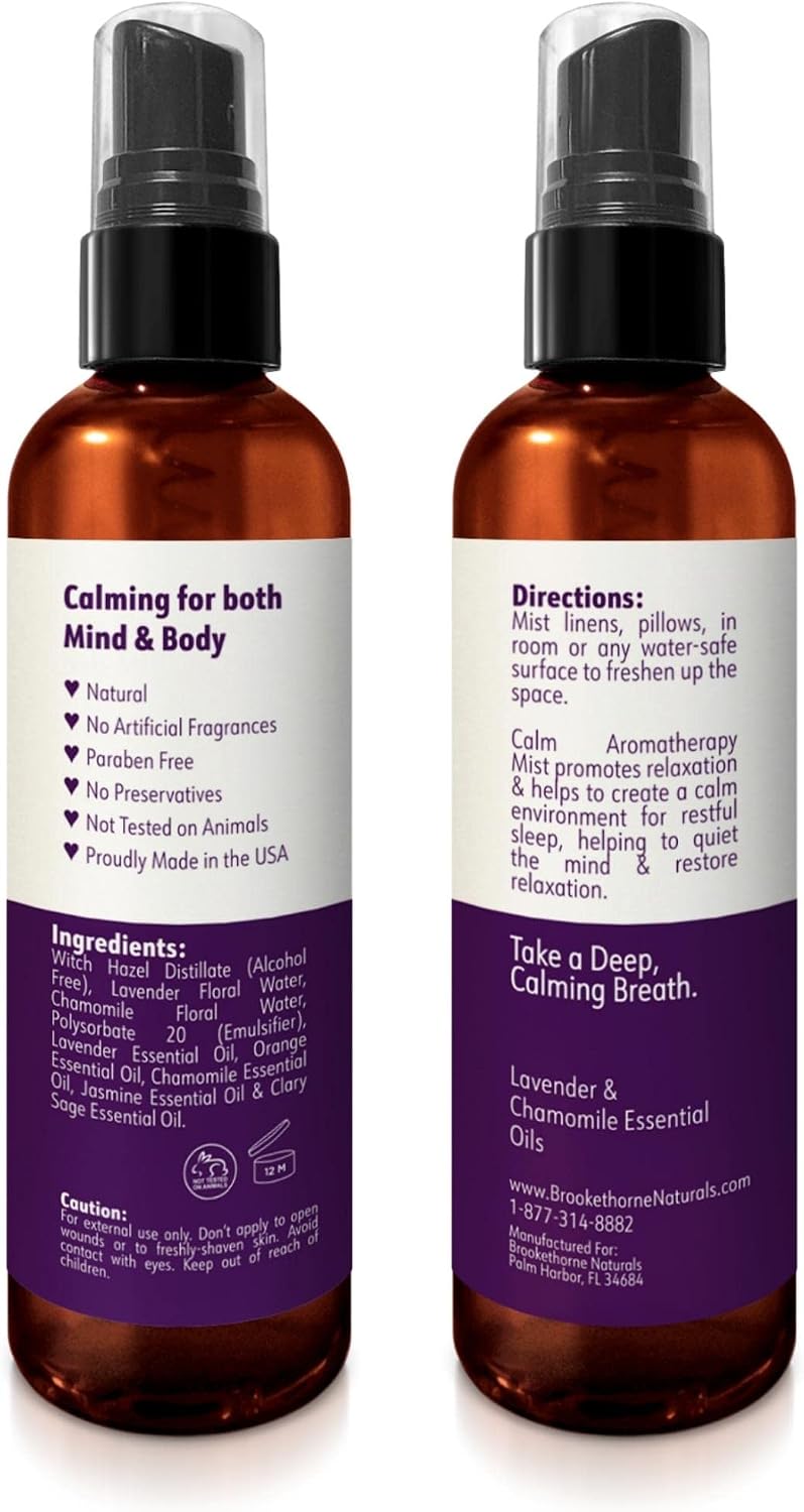Brookethorne Naturals Calm Aromatherapy Mist | Lavender Pillow Spray 4oz | Lavender & Chamomile Essential Oil room, linen & bed spray | Calming scent for Relaxation & Sleep | Paraben-free, made in USA
