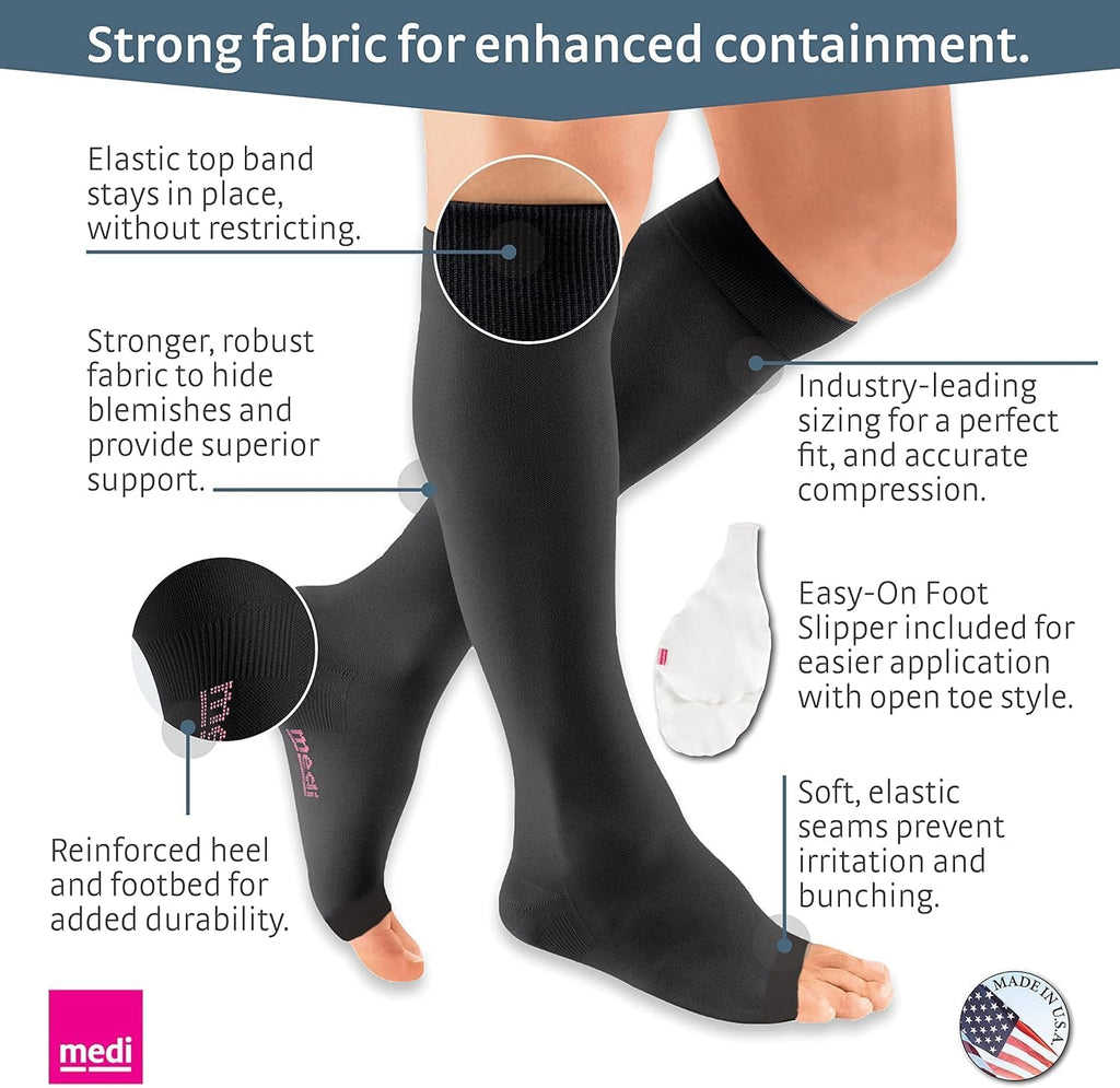 Mediven Men & Women Plus Knee High 20-30 mmHg Compression Sock, Open Toe | Open toe graduated knee high compression socks with silicone top band, opaque knit, and durable daily support.