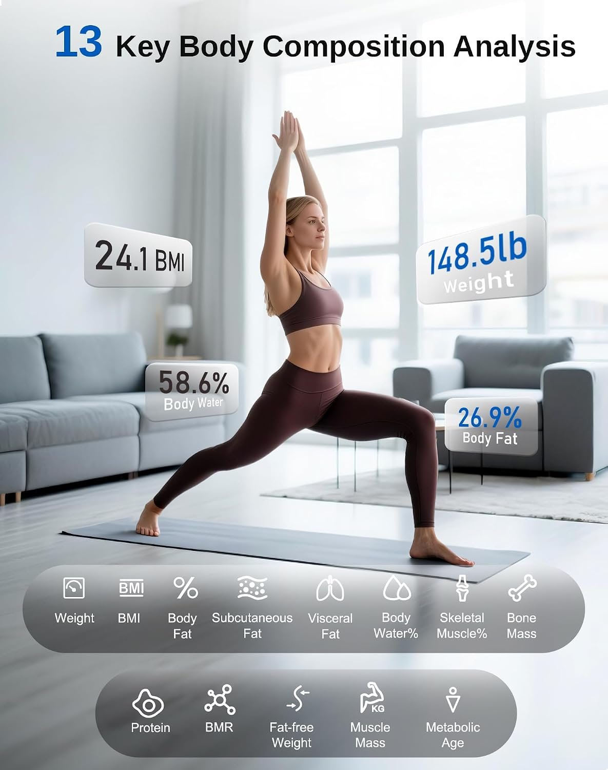 GE Smart Scale for Body Weight BMI Body Fat, Digital Bluetooth Scale 400lb | 13 Body Composition Monitor Health Analyzer for Home Gym, Accurate Bathroom Scale, App Sync Weighing Capacity Black 11inch