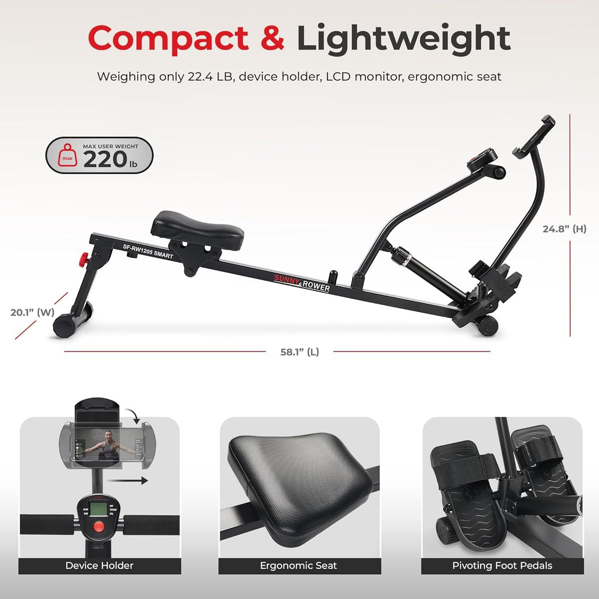 Sunny Health & Fitness Compact Hydraulic Rower with 12-Level Resistance