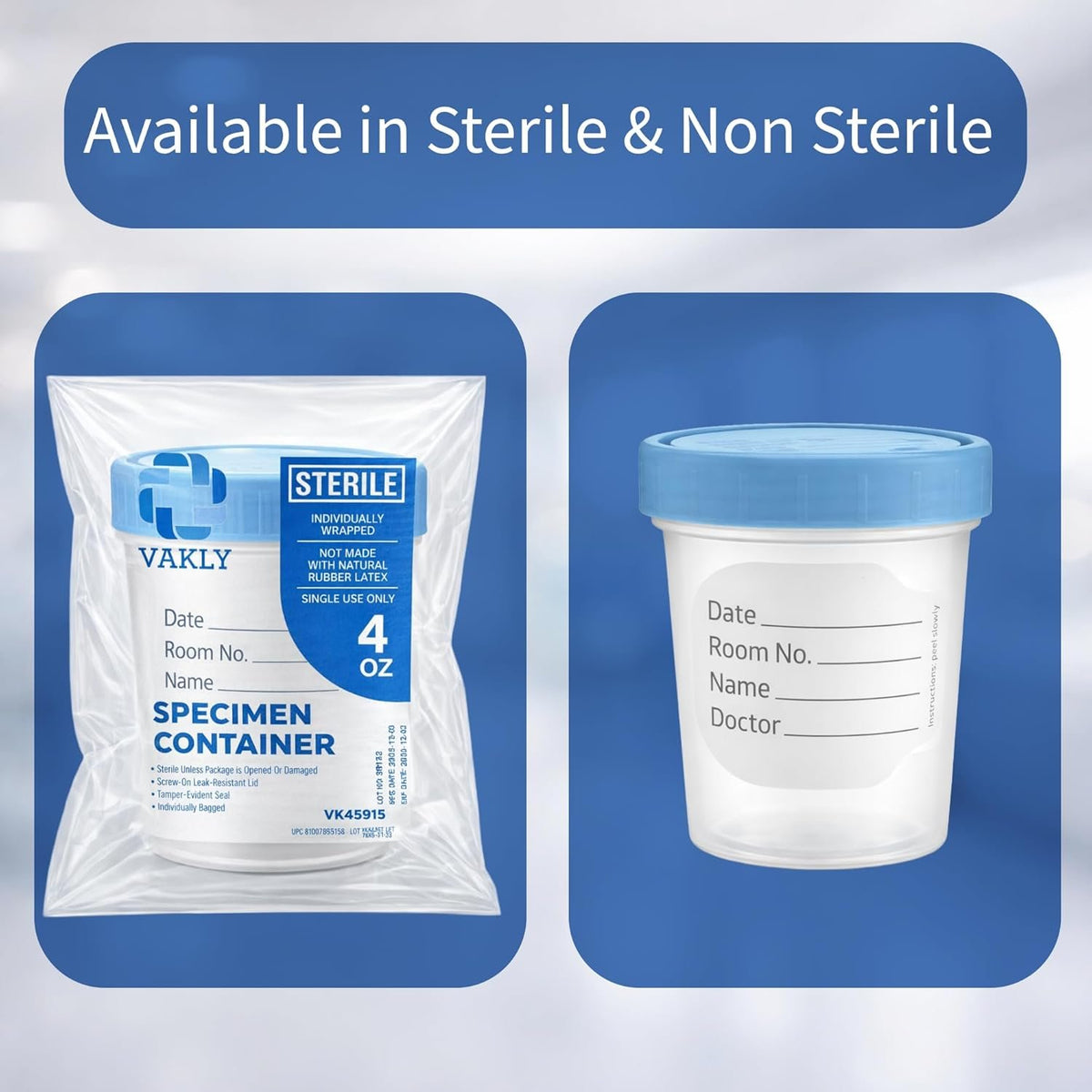 Vakly Sterile Specimen Cups 4 oz, Urine Collection Cups 3 Count | Individually bagged sterile cups with screw-on lids for urine collection, specimen testing, and secure sample handling