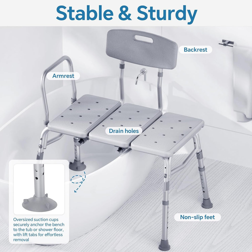 HOMLAND Tub Transfer Bench with Backrest for Bathtub, Height Adjustable | 400 lbs, Slip-Resistant Feet, Sturdy Aluminum Heavy Duty Shower Chair, Safer Bathing Aid Bench for Elderly and Disabled