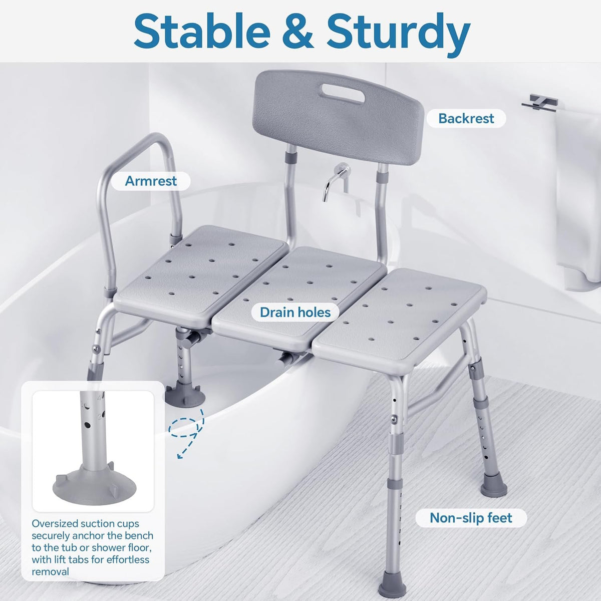 HOMLAND Tub Transfer Bench with Backrest for Bathtub, Height Adjustable | 400 lbs, Slip-Resistant Feet, Sturdy Aluminum Heavy Duty Shower Chair, Safer Bathing Aid Bench for Elderly and Disabled