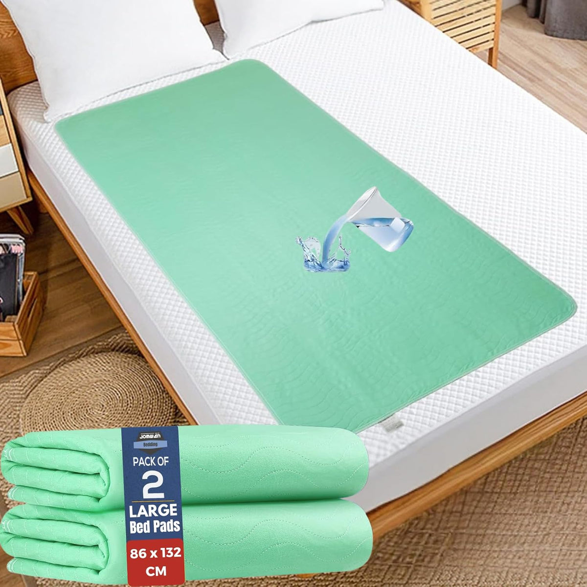 Washable Underpads, JOMWEN Heavy Absorbency Reusable Incontinence Bed Pads for Adults, Kids, Elderly and Pets, Absorbent Protective Pads for Bed, Couch, Floor (86 x 132 CM (2 Pack))