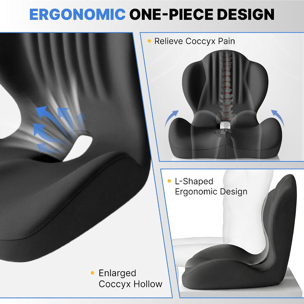 Ergonomic Seat Cushion with L-Shaped Design for Office Chair (Black)