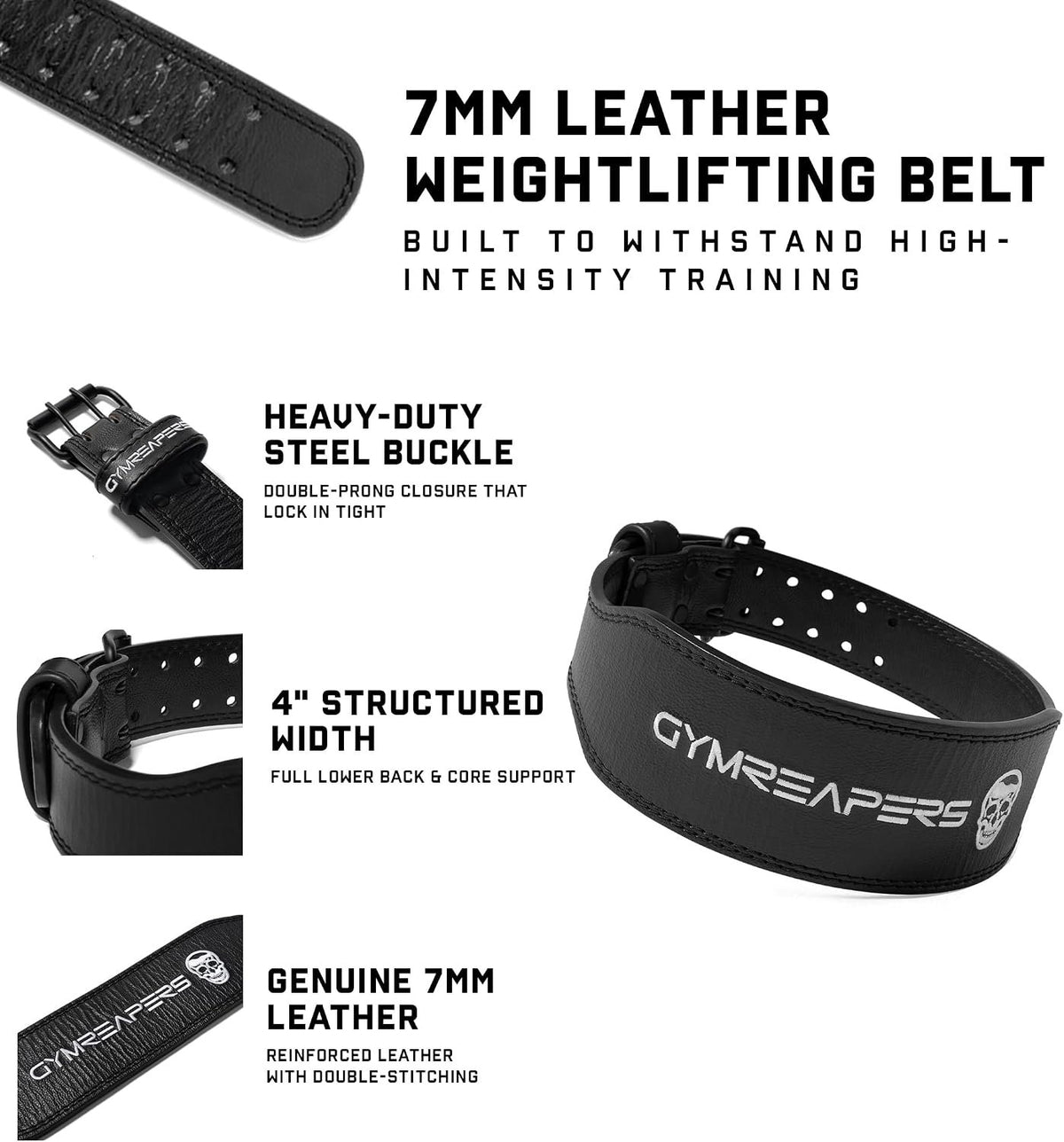 Gymreapers Leather Weightlifting Belt for Bodybuilding, Squatting, Lower Back Support & Back Pain - Real Leather, Adjustable Buckle Sizing - Men Women