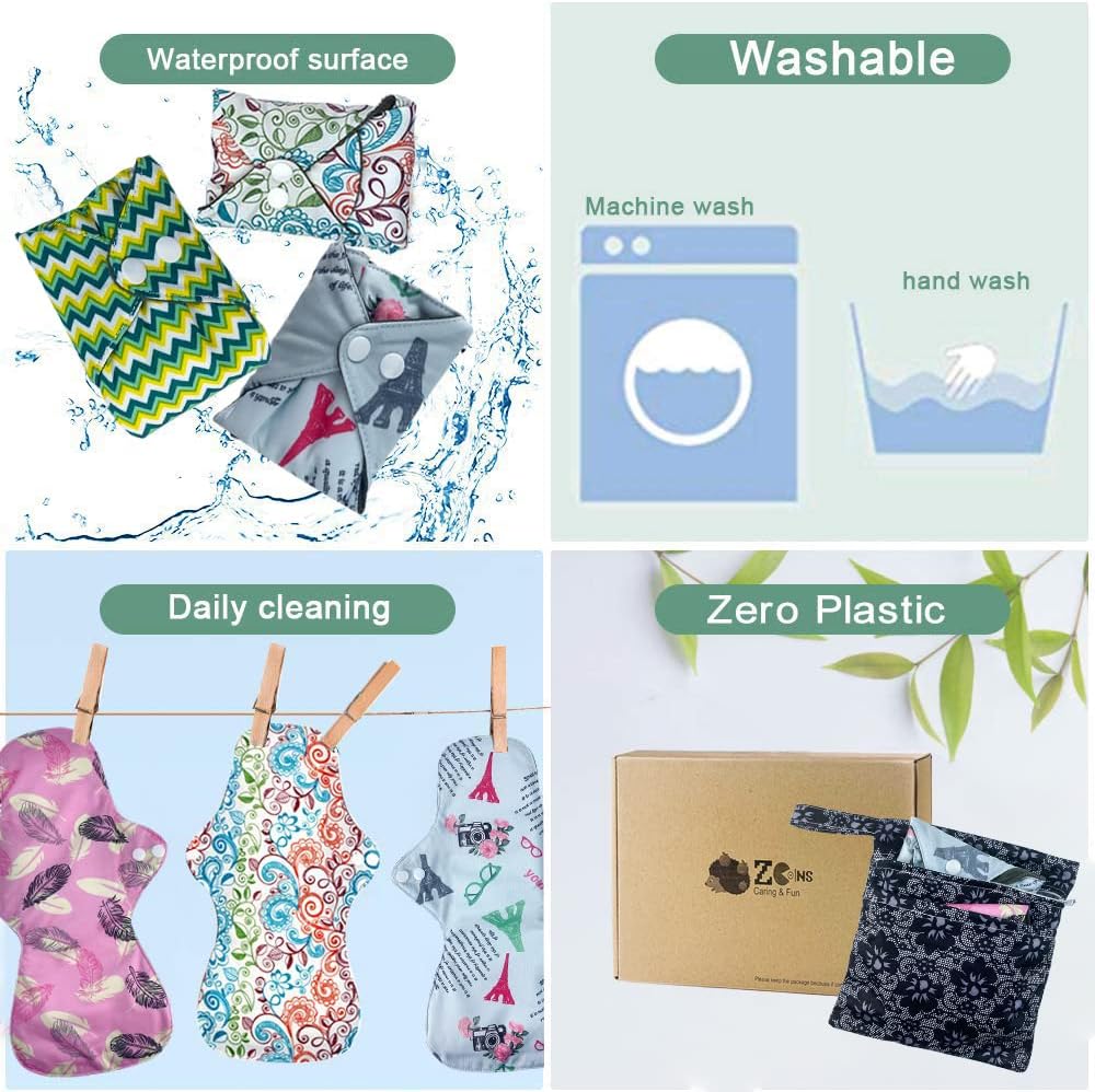 4PCS Overnight Pads 13.5inch Reusable Pads Menstrual Heavy Flow, Washable Cloth Pad with 1 Zipper Bag