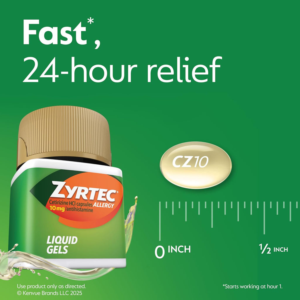 Zyrtec 24-Hour Allergy Relief Liquid Gels, 10 mg Cetirizine HCl, 25 count | Antihistamine Capsules, Allergy Medicine, All-Day Relief from Runny Nose, Sneezing, Itchy Eyes & More