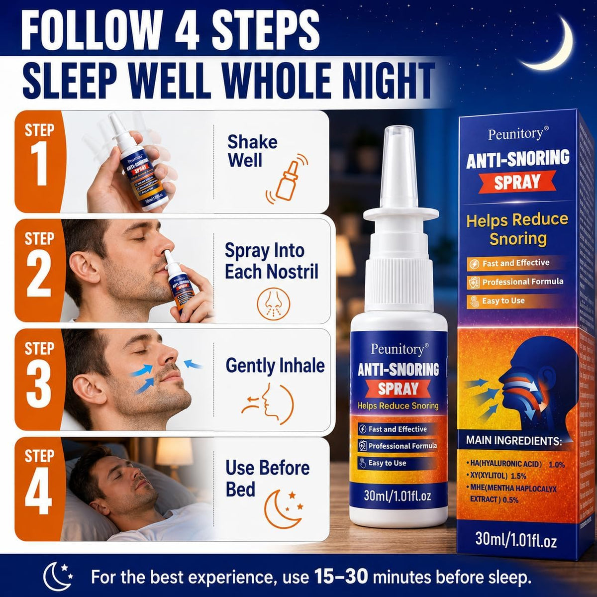 Anti Snore Spray for Adults, Fast-Acting Snore Stopper Spray for Quiet Sleep, Supports Comfortable Nighttime Breathing, Throat Spray Alternative to Mouth Tape, Nasal Strips and Mouthpiece, 1.01 Fl Oz | Fast-Acting Formula, Easy-to-Use Spray