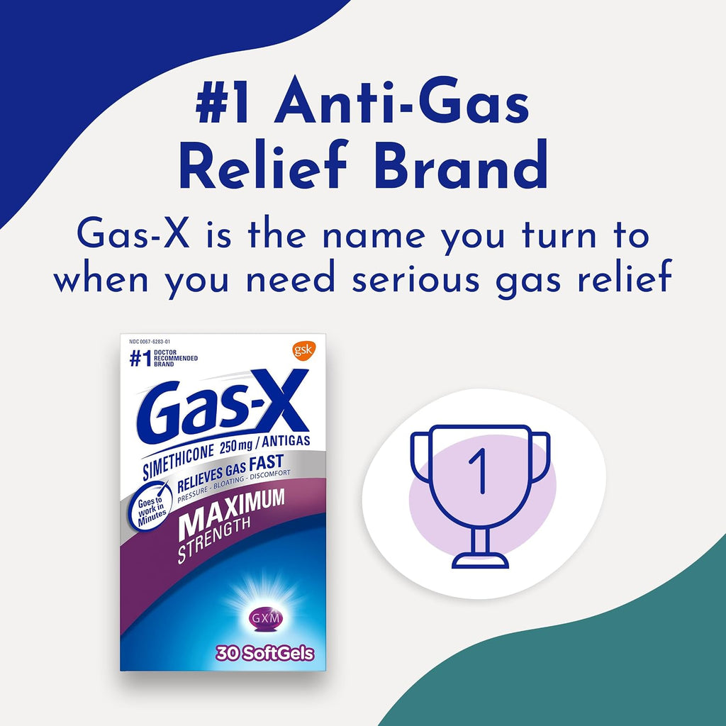 Gas-X Maximum Strength Softgels, Gas Relief, 30 Count | Simethicone 250mg Maximum Strength Chewable Tablets, Fast Gas and Bloating Relief, GLP-1 Support