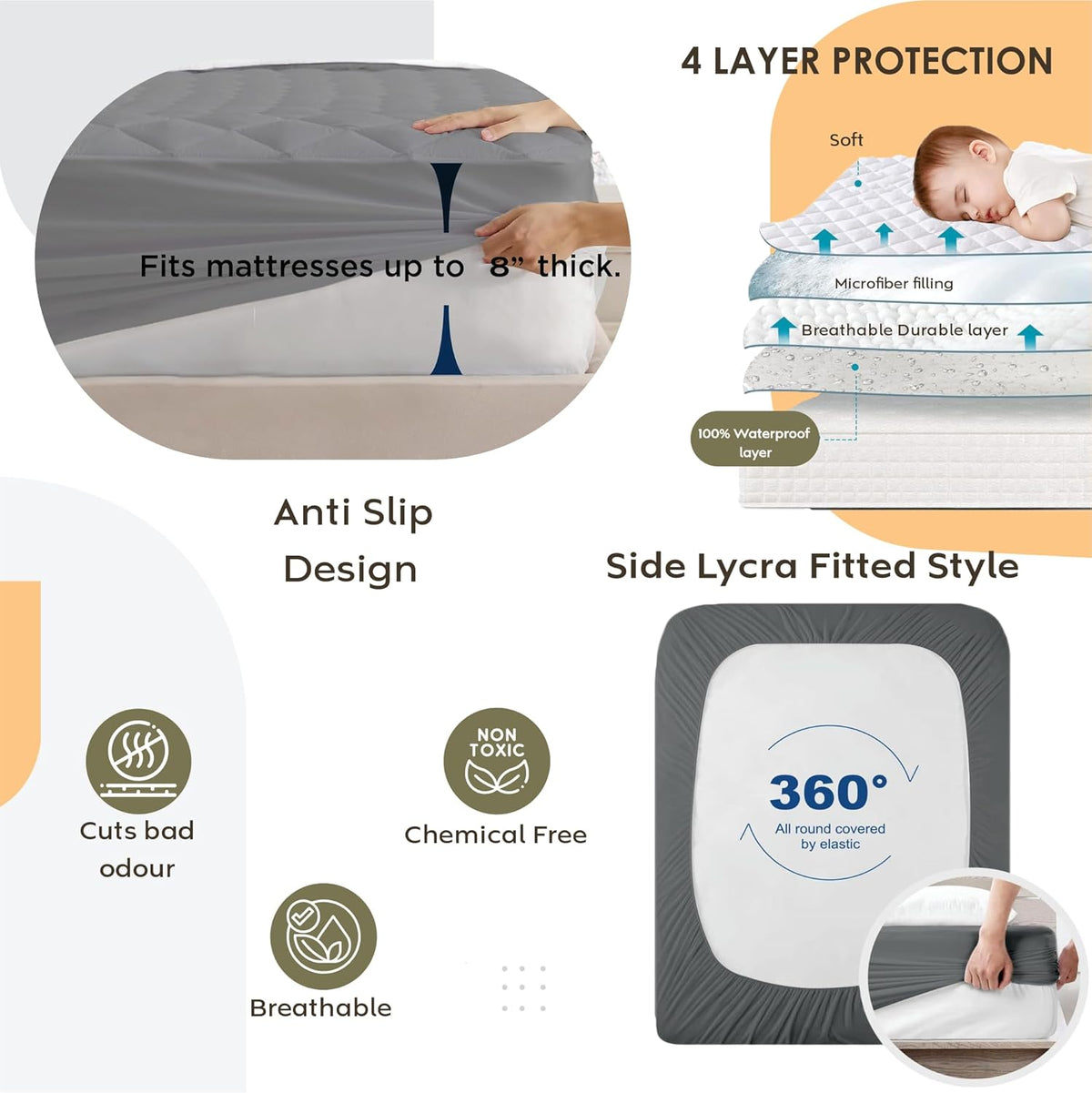 Ayka 100% Waterproof Mattress Protector King Size 78x72 Cotton Quilted Bed Protector King Size Breathable Noiseless Ultra Soft | Elastic Fitted Mattress Cover | Bed Cover -6.5x6 ft, Grey