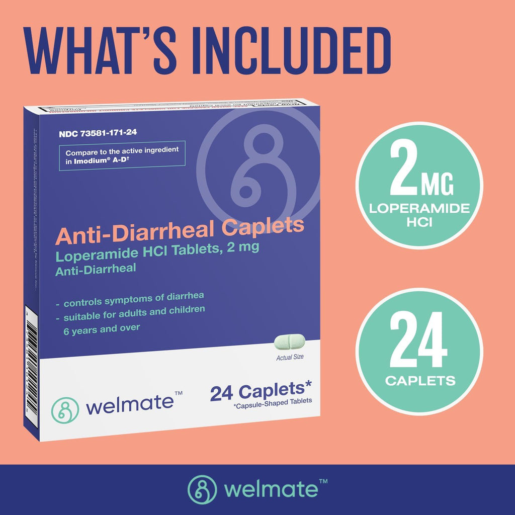 WELMATE Loperamide HCl 2 mg Anti Diarrhea Pills, 24 Caplets - Fast-Acting Diarrhea Medicine for Adults, Traveler's Stomach Relief, Easy to Swallow Antidiarrheal Medication