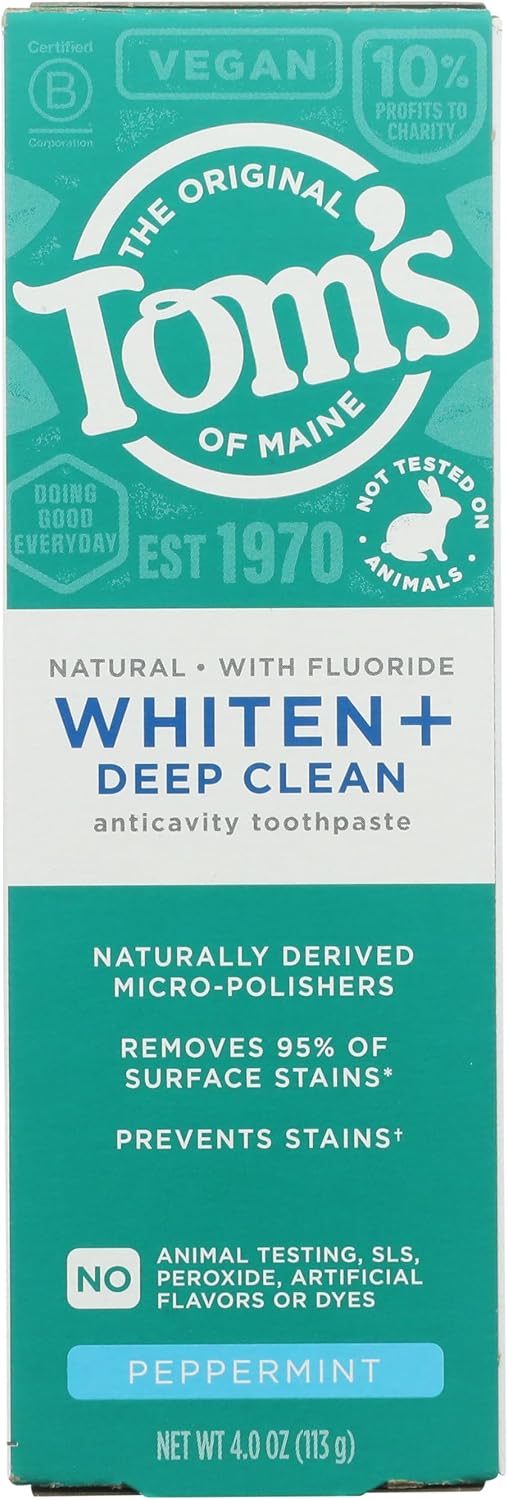 Tom's of Maine Whiten Plus Deep Clean Whitening Toothpaste, Peppermint, 4oz | Natural Toothpaste with Fluoride, Removes 95% of Stains, Enamel Safe Formula, Whitens Without Causing Sensitivity