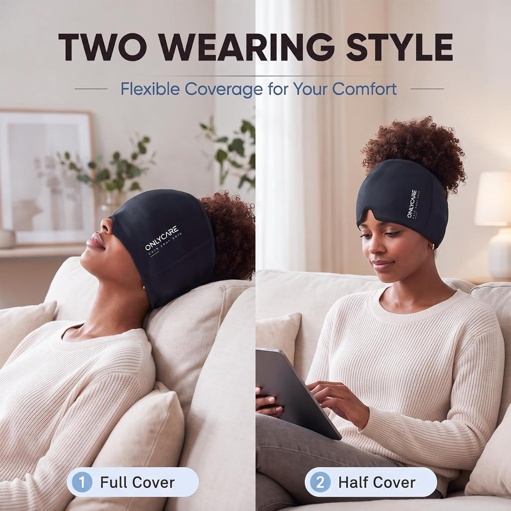 ONLYCARE Migraine Relief Cap, Headache Relief Cold Cap with Odorless Gel | Cooling Hat Head Wrap Soothing Face Ice Pack Mask Products for Tension Stress Hangover & Puffy Eyes, Relaxing Gifts for Women