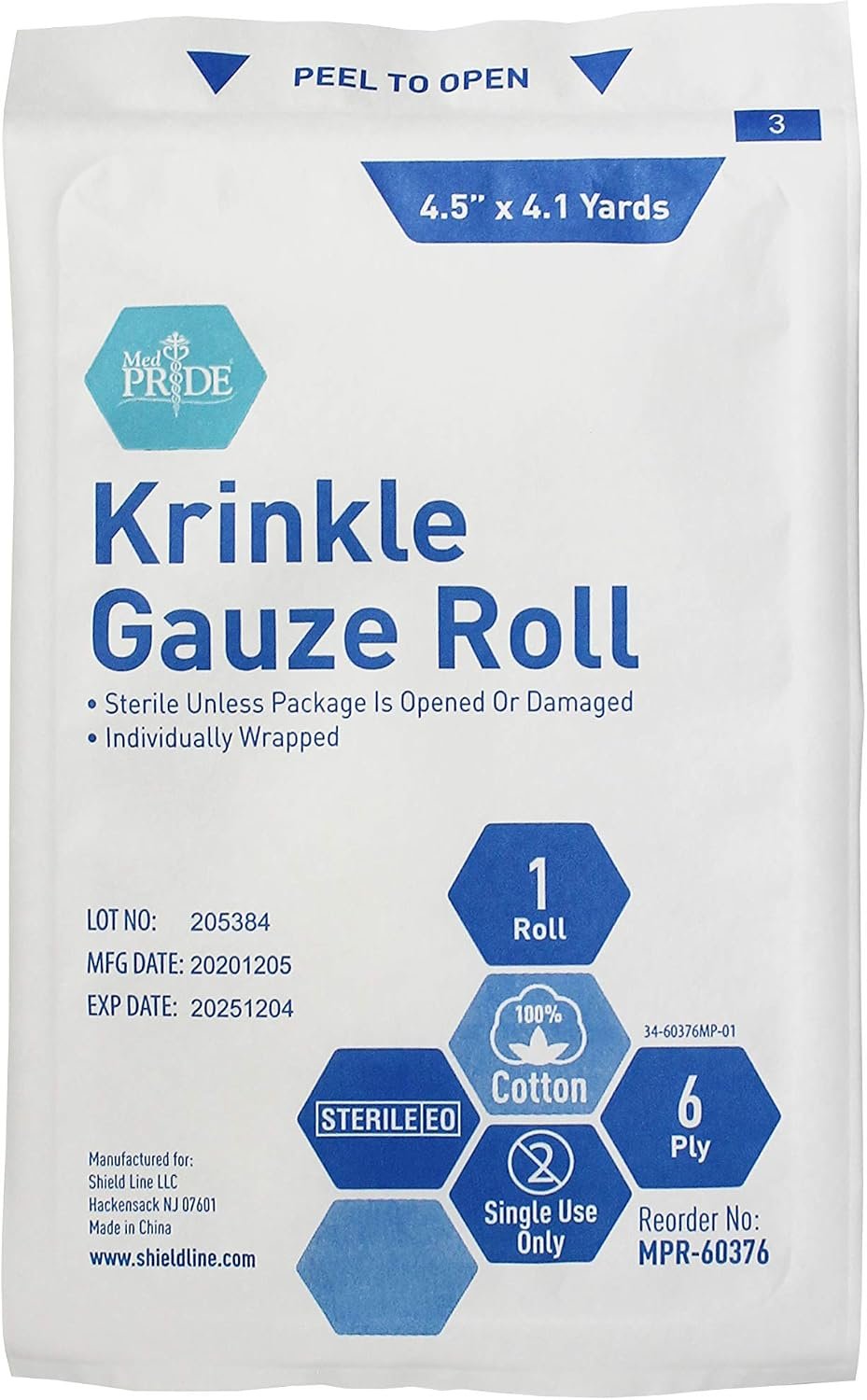 MED PRIDE Sterile Krinkle Gauze Rolls,6-Ply Cotton,4.5 in x 4.1 yd,6-Pack