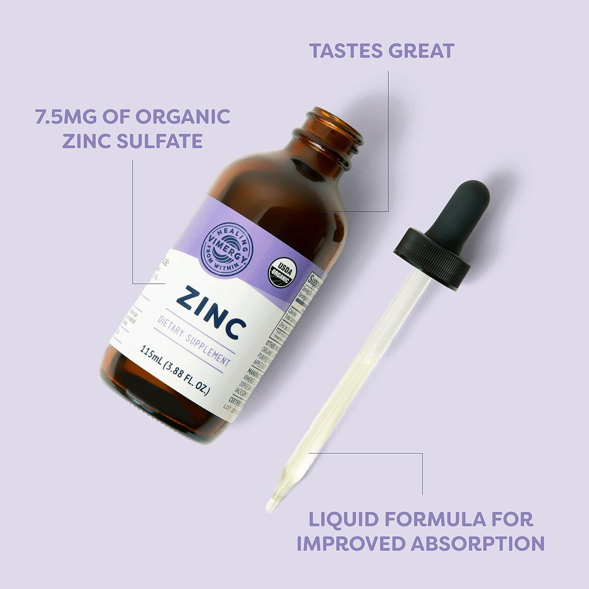 VIMERGY Liquid Zinc 7.5mg, Organic Immune Support, 115 mL, 57 Servings | Supports Resilient Immune Health*, Nourishes Healthy Bones and muscles*, Promotes Healthy Hair, Skin, and Nails*, Vegan"