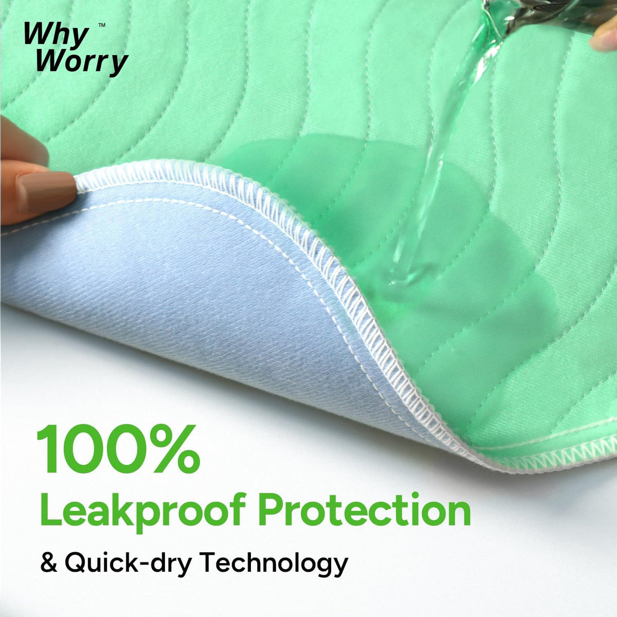 WhyWorry Washable Bed Pads for Adult Incontinence, 86x91cm (Pack of 2) Waterproof Mattress Protector for Bed Wetting, Heavy Absorbent Reusable Underpads for Elderly & Kids, Washable Pee Pads, Green