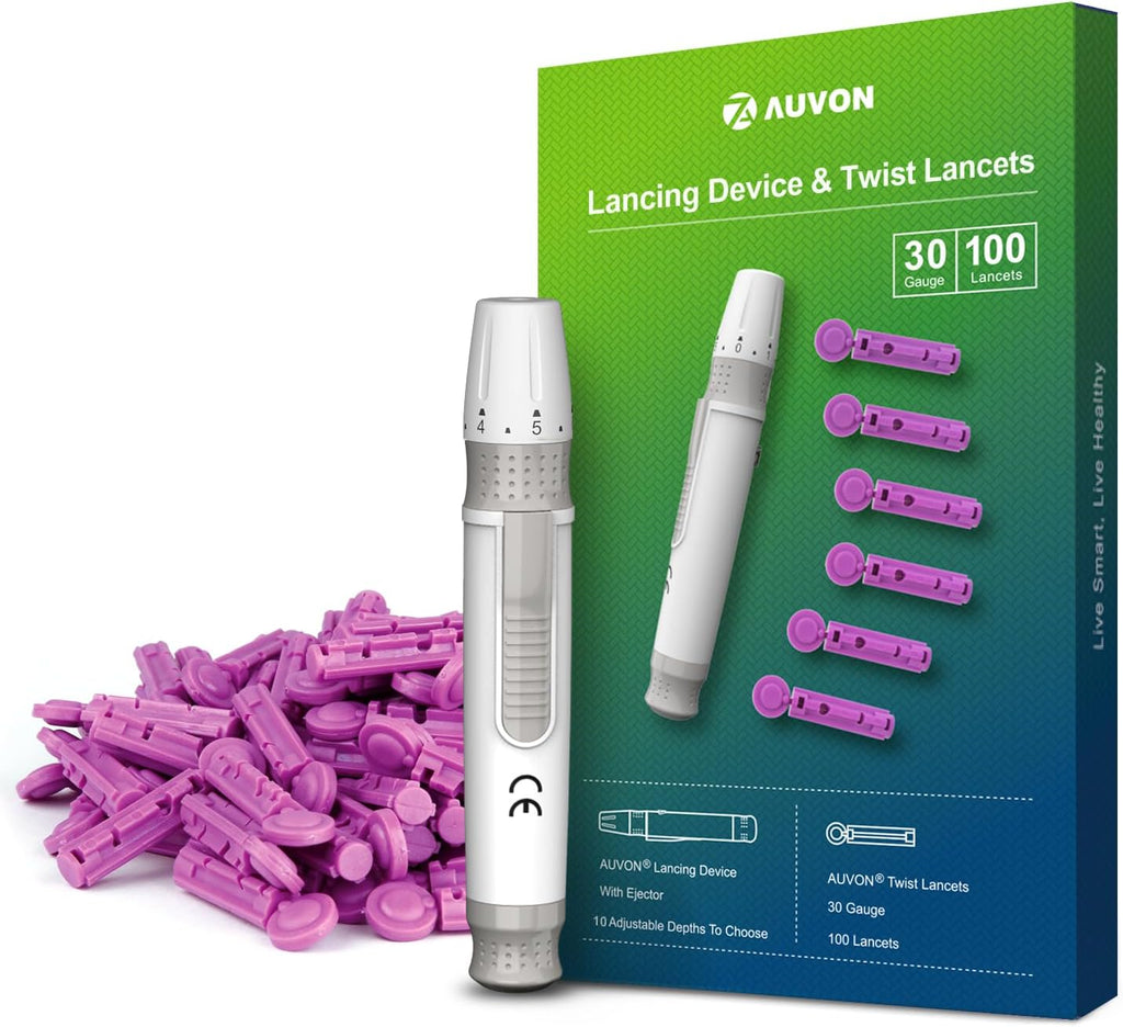 AUVON Lancets for Diabetes Testing with Lancing Device, 100 Pack, 30 Gauge | Lancets with Painless and Contactless Design, Adjustable Depth Lancing Device, Works Effectively with Small Drops