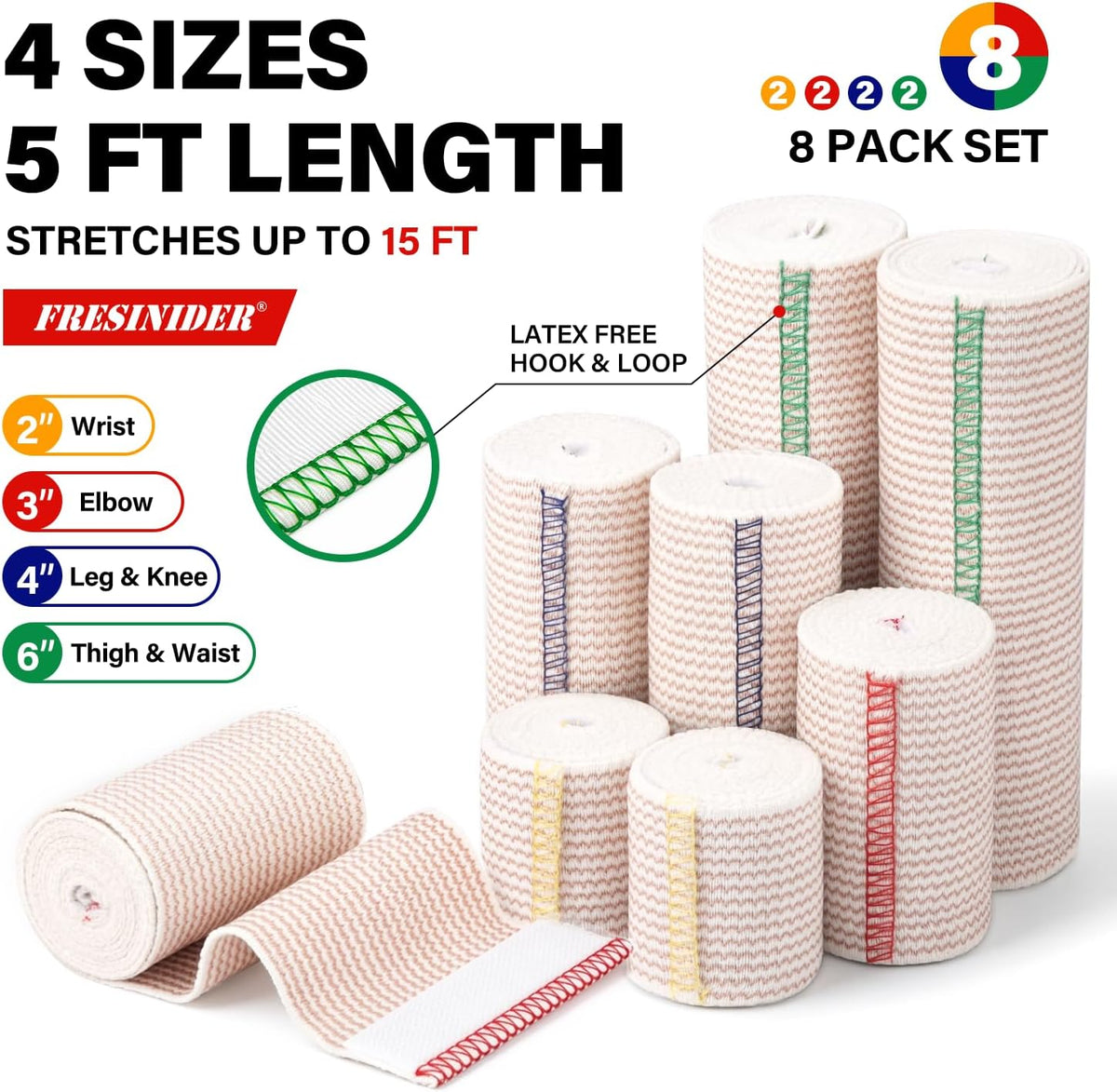 FRESINIDER Premium Elastic Bandage Wrap 8 Pack, 2-6 Inch, Hook and Loop
