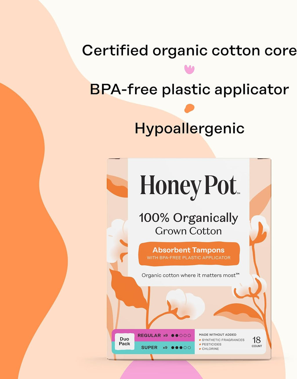The Honey Pot Company - 100% Organic Cotton Tampons - Regular & Super | Multipack - Tampons w/BPA Free Plastic Applicator - Unscented - Without Fragrances or Chlorine - Feminine Care - 54ct