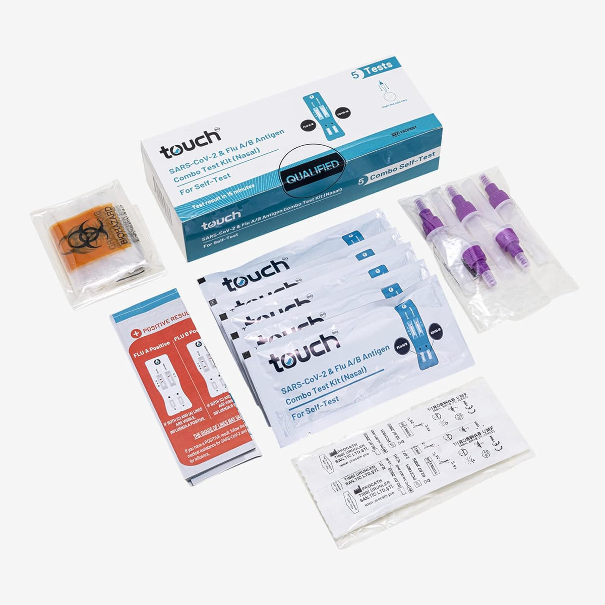 "TOUCHBIO 5 PACK COVID-19 & Flu A/B Rapid Antigen Combo Test - Accurate Results in Minutes - Easy to Use - Perfect for Home and Professional Use