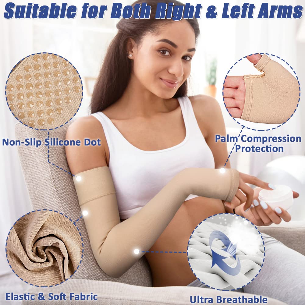 beister Lymphedema Medical Compression Arm Sleeve with Gauntlet for Men & Women (Single), 20-30 mmHg Full Arm Support