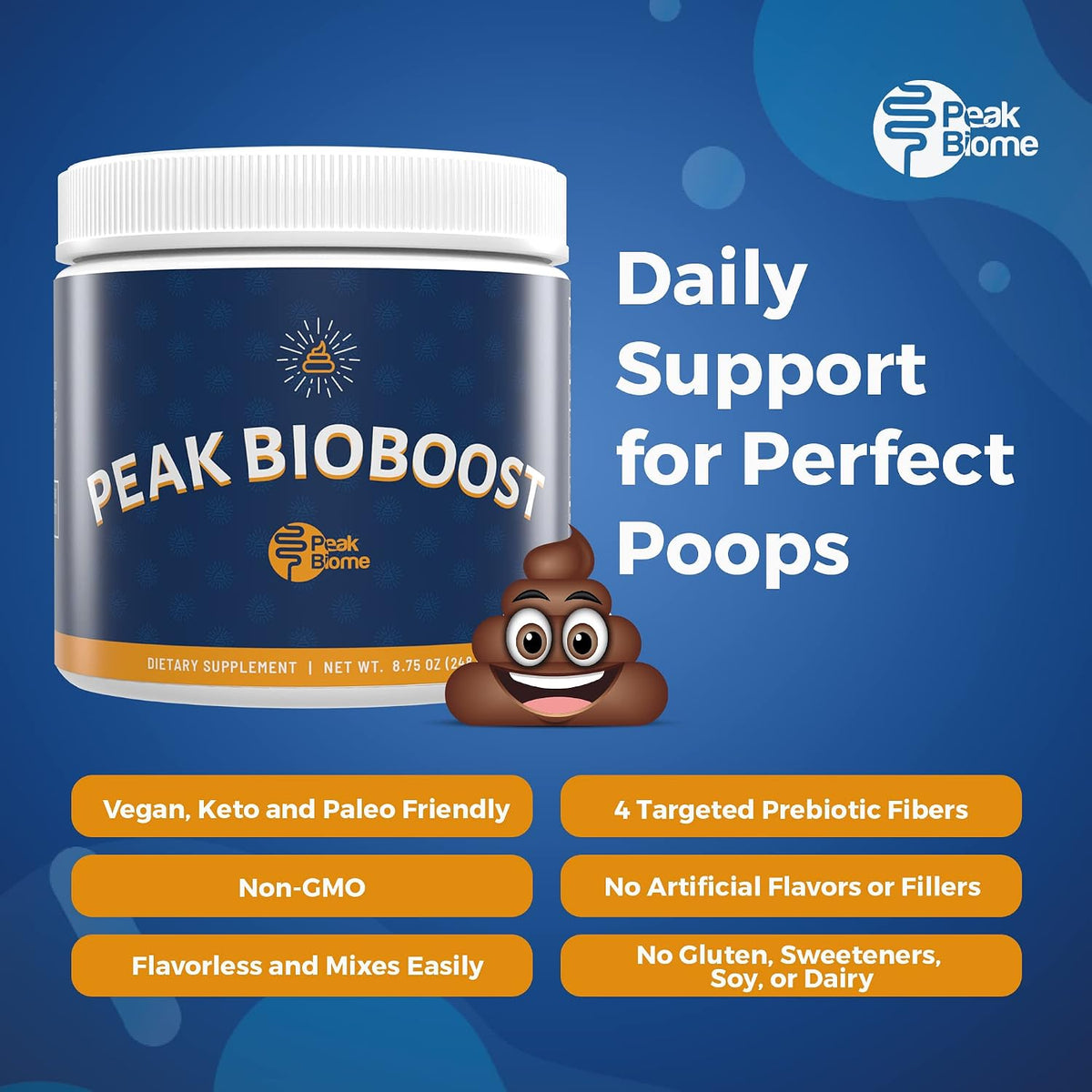 Peak BioBoost - Prebiotic Fiber Supplement for Gut Health - Easy to Dissolve Unflavored Fiber Powder - Non-GMO - No Gluten, Soy or Dairy - 6-Month Supply - 180 Servings, 6 Packs