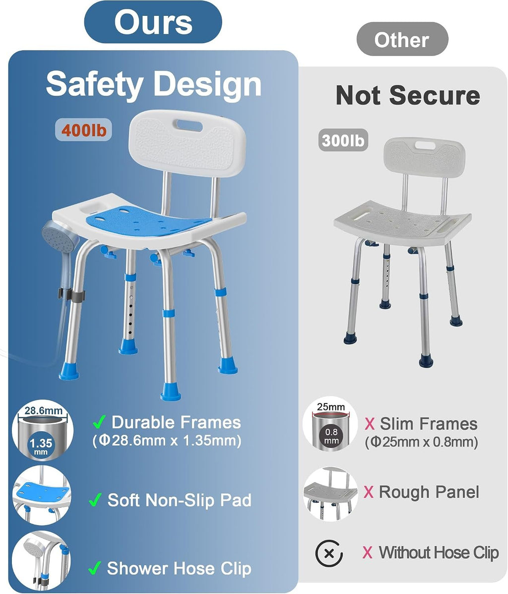 HOMLAND Shower Chair for Inside Shower with Removable Back, Aluminum Frame | Height Adjustable, Heavy Duty Bath Seat for Bathtub, Lightweight Safety Shower Stool for Seniors and Disabled