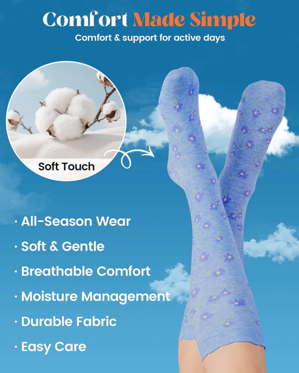 LEVSOX Cotton Compression Socks for Women Men 20-30 mmHg Knee High Cute Support Sock for Nurses Flying Pregnancy