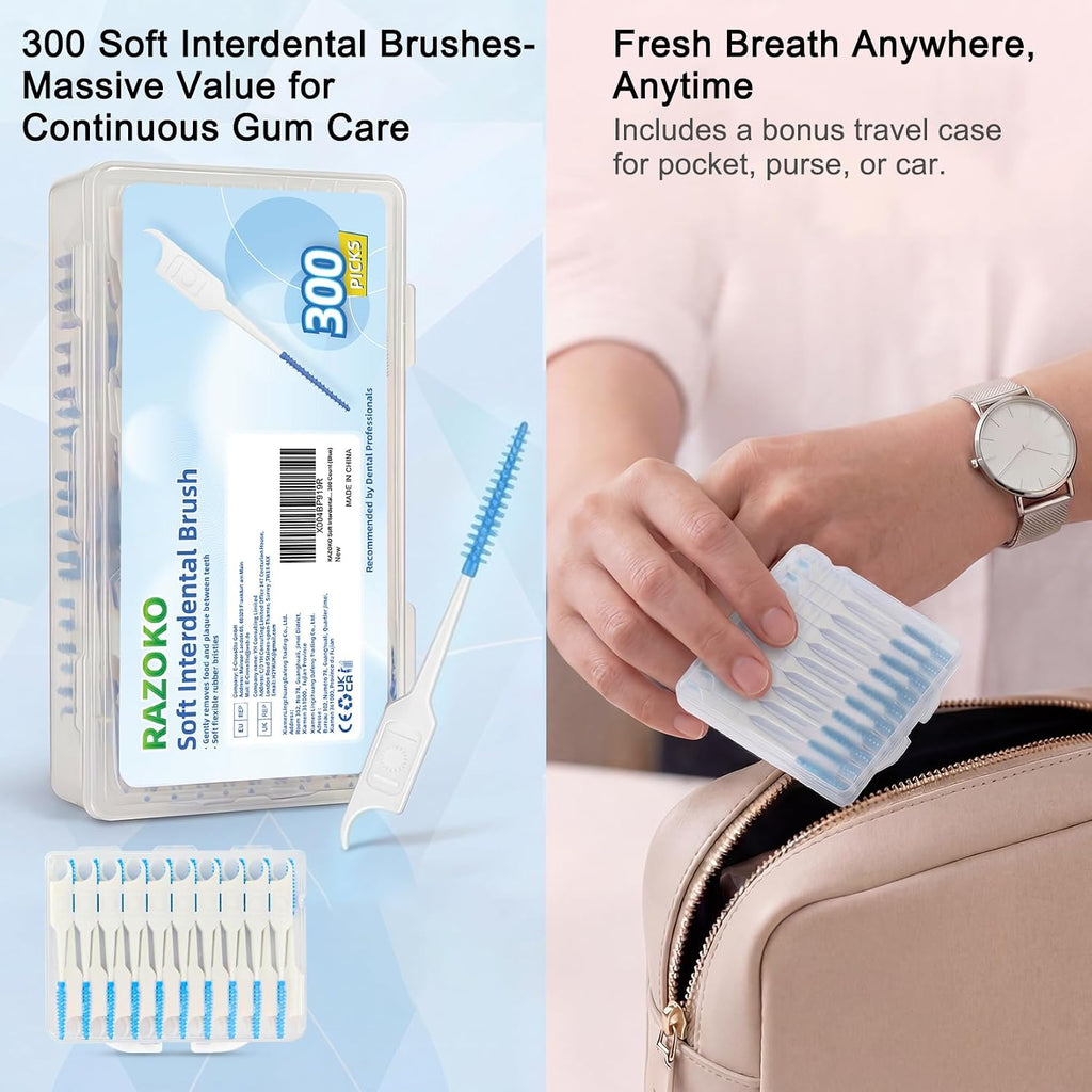 RAZOKO Silicone Soft Interdental Brushes | 300 Count Rubber Dental Picks with Travel Case | PFAS & BPA-Free