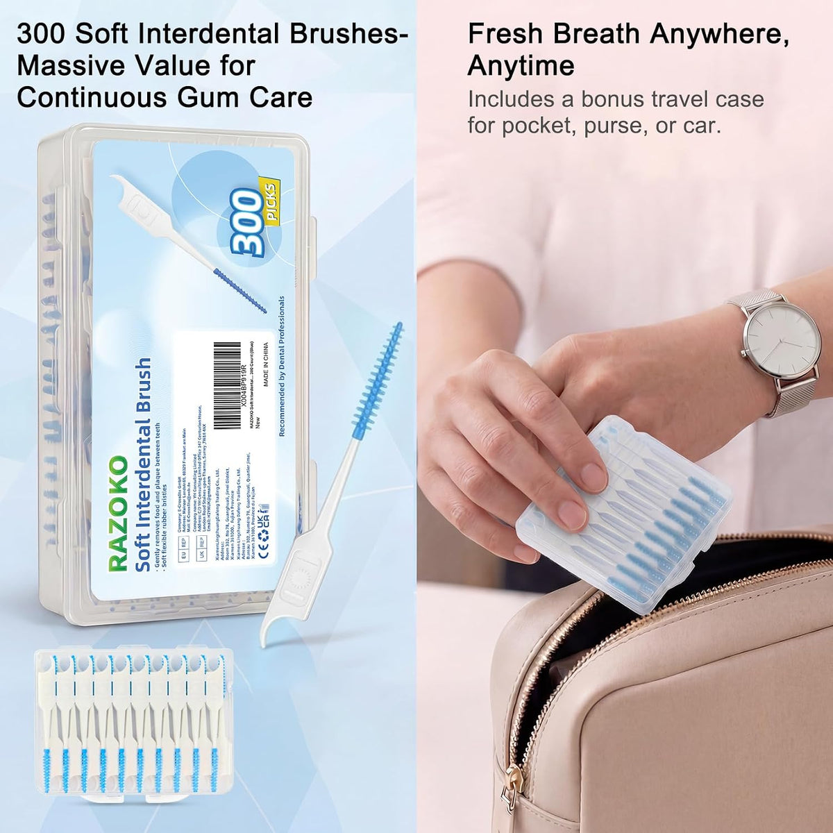 RAZOKO Silicone Soft Interdental Brushes | 300 Count Rubber Dental Picks with Travel Case | PFAS & BPA-Free