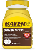 Bayer Genuine Aspirin 325 mg, Coated Tablets for Headache Relief, Multi-Symptom Pain Reliever and Fever Reducer, Pain Relief Tablets for Tooth and Muscle Pain, Backache, 300 Ct