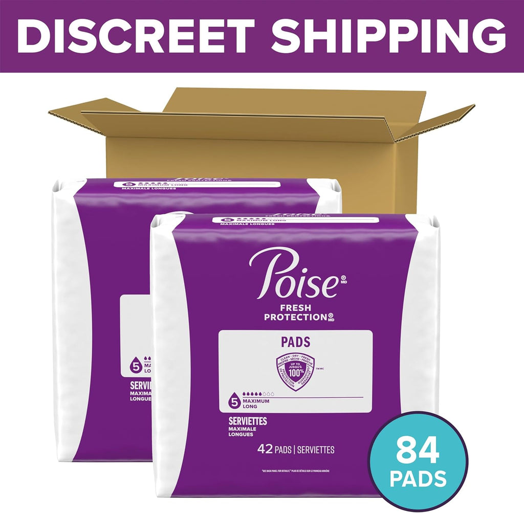 Poise Incontinence & Postpartum Pads for Bladder Leaks, 5 Drop Maximum Absorbency, Long Length, 84 Count, Packaging May Vary