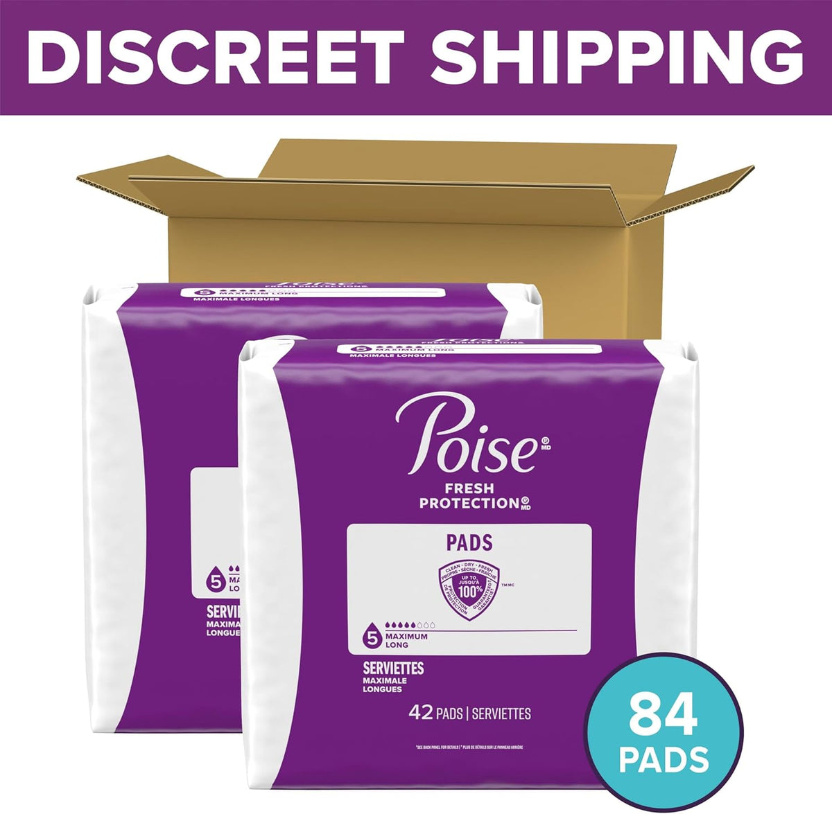 Poise Incontinence & Postpartum Pads for Bladder Leaks, 5 Drop Maximum Absorbency, Long Length, 84 Count, Packaging May Vary